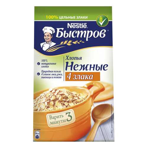 Хлопья овсяные Быстров 4 злака с добавлением ржаных, пшеничных, ячменных хлопьев 350 г в Магнолия