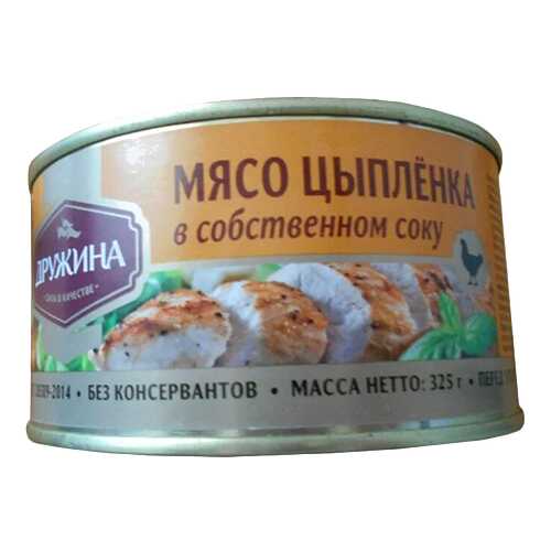 Мясо цыпленка Дружина в собственном соку гост 325 г в Магнолия