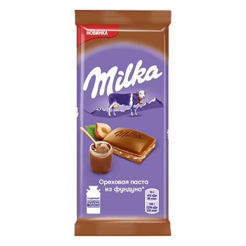 Шоколад Milka молочный с добавлением ореховой пасты из фундука и с дробленым фундуком 90 г в Магнолия